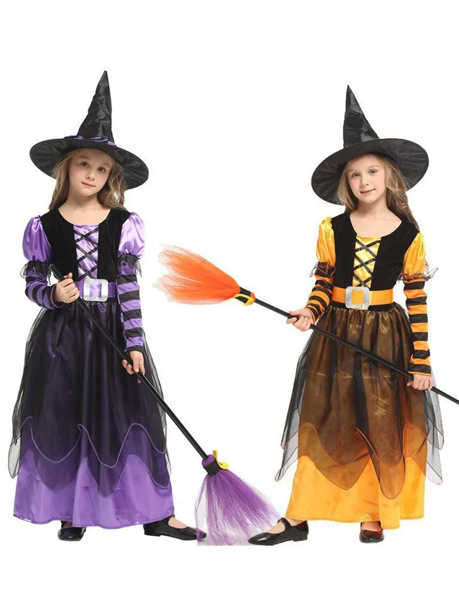 2026 New Halloween Dress Girls Cosplay Costume With Hat Kids Carnival Magic Gown Ball Children Disfraz Carnival Dress Up 4-10Y