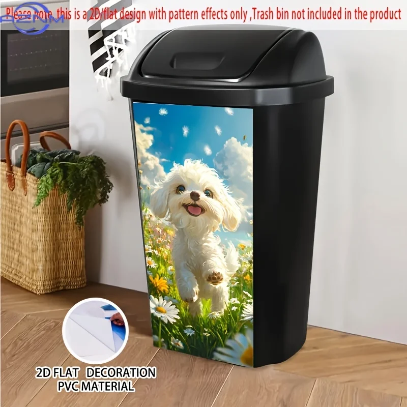 1pc 2D/FLAT Self-Adhesive Dustbin Sticker, .01xcm, White Puppy in Flower Field Scene Design - Creative Trash Bin Decal for Bin