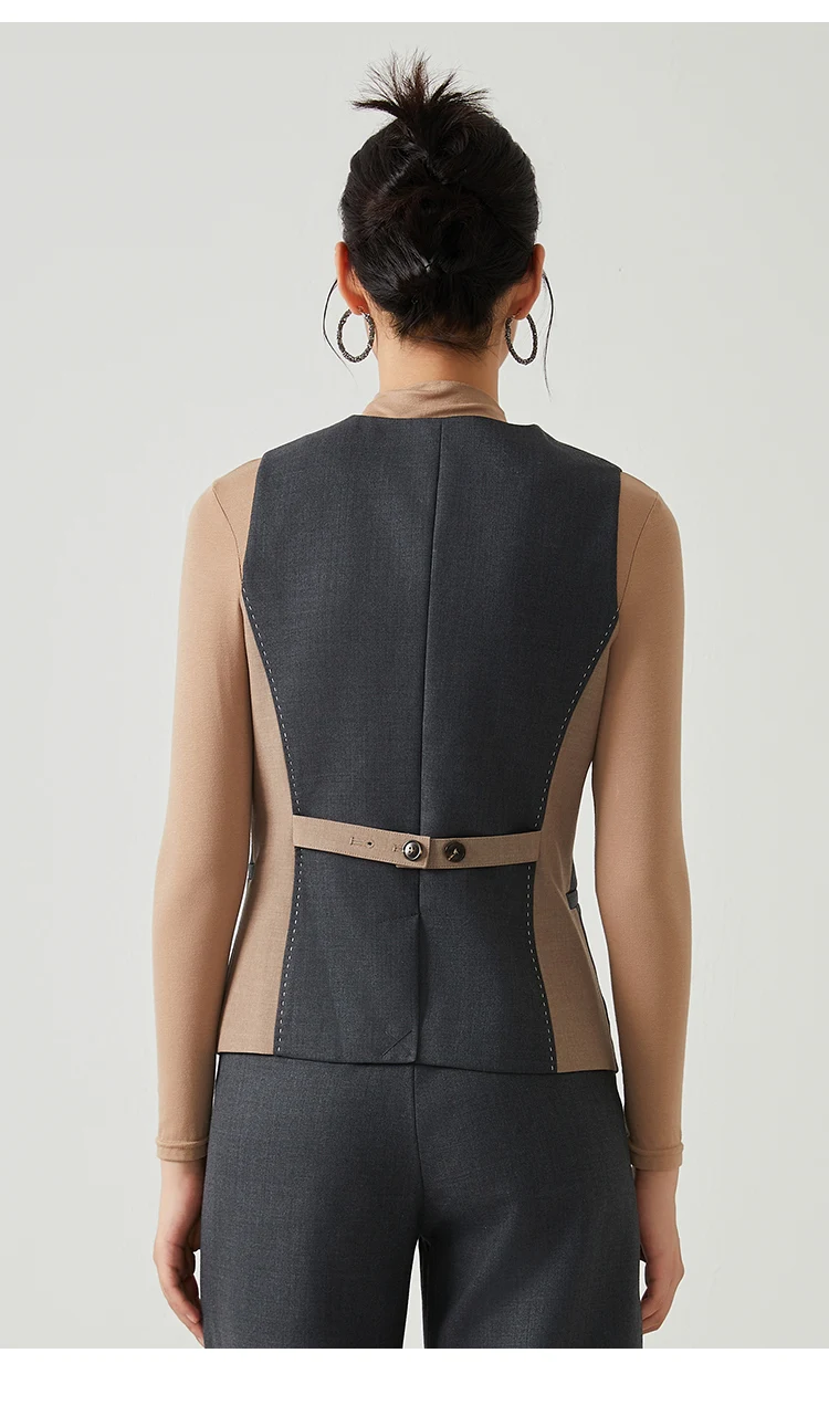 K2548W Damen Ärmellose Weste aus Wollmischung mit V-Ausschnitt und Knopfleiste, tailliert, für Büro, als Layering-Oberteil – Detail 17