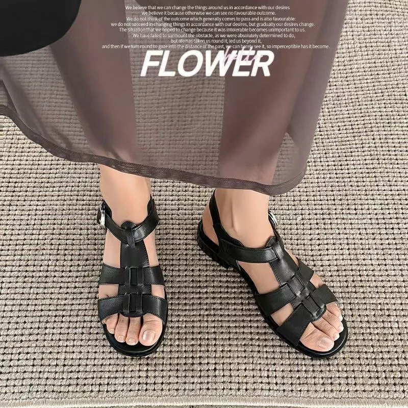 2026 new summer women sandals natural leather plus size 22-29cm cowhide+pigskin t-tied ankle-buckle low heel women shoes fashion