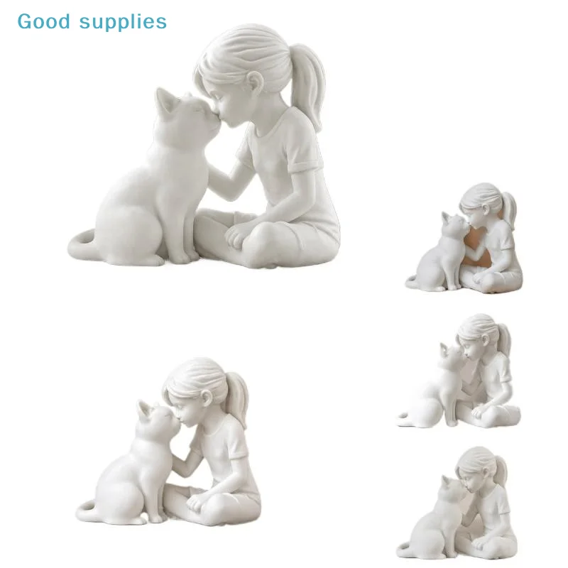 Girl and Cat Resin Statue Exquisite Craft Mini Decorative Figurine Portable Desktop Ornament for Bookshelf Decor Graduation Gift