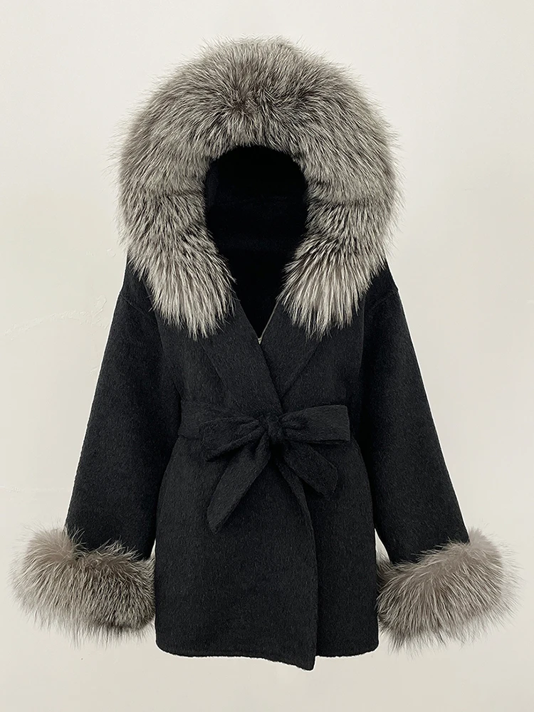 2025 Lady Nautural Fox Fur Woolen Jacket Womens Winter Clothing Hooded Commute Real Fur Wool Coat Female Fashion Clothes