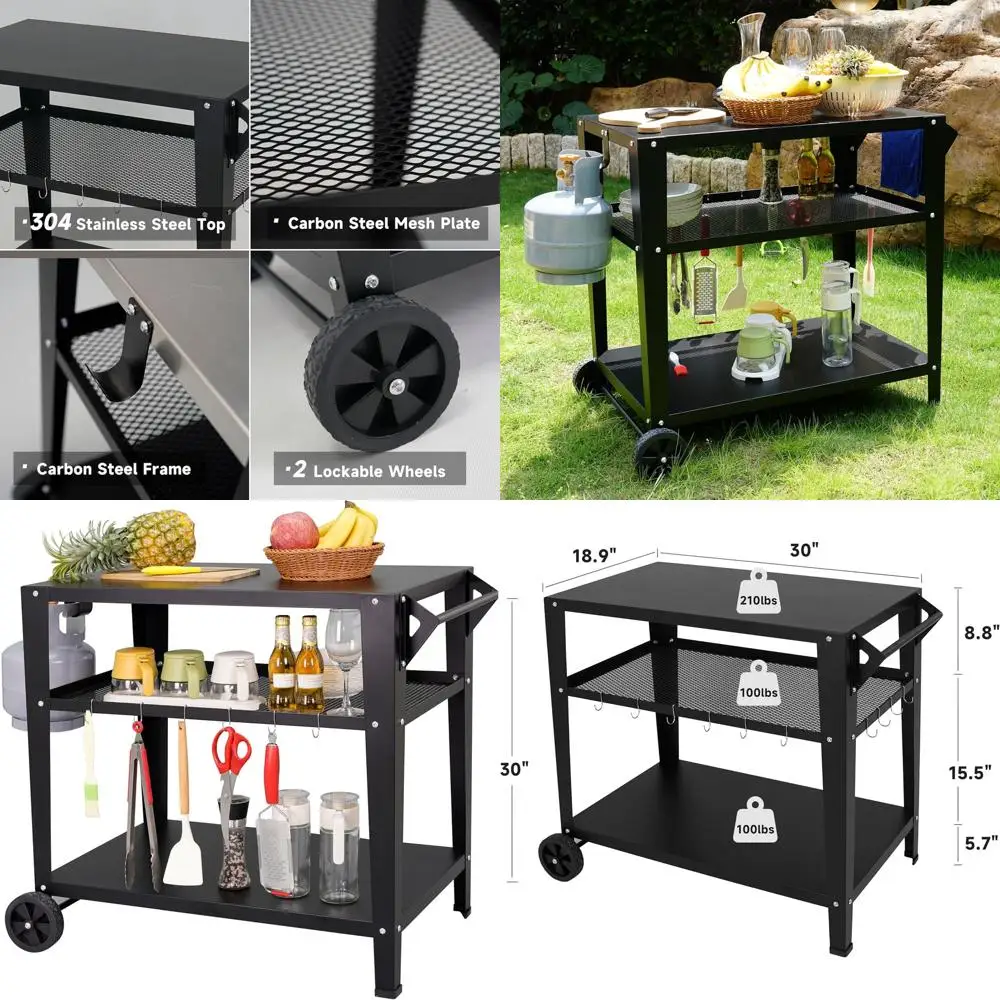 

Heavy-Duty 3-Tier Outdoor Grill Cart with Wheels and Tool Hooks for Commercial Kitchen Use