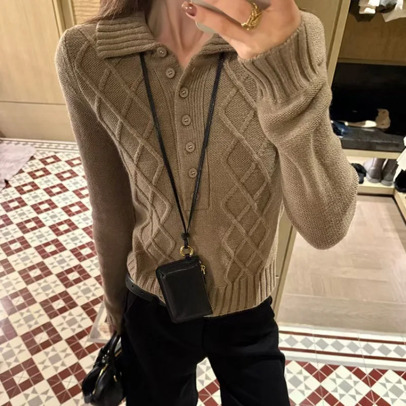

Korean Polo Collar Sweater for Women Autumn Winter Long Sleeve Soft Knitted Pullovers Woman Button Slim Fitting Sweater Female