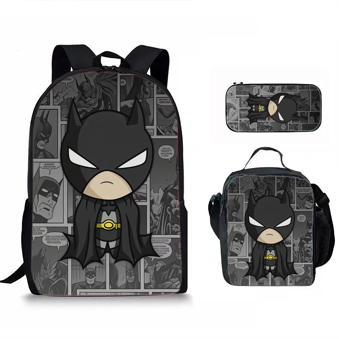 B-Batmans Anime Characterstudent Backpack Superhero Bag, Pencil Case and Lunch Bag Fashion Trendy Three-piece Set, Gift for Boys