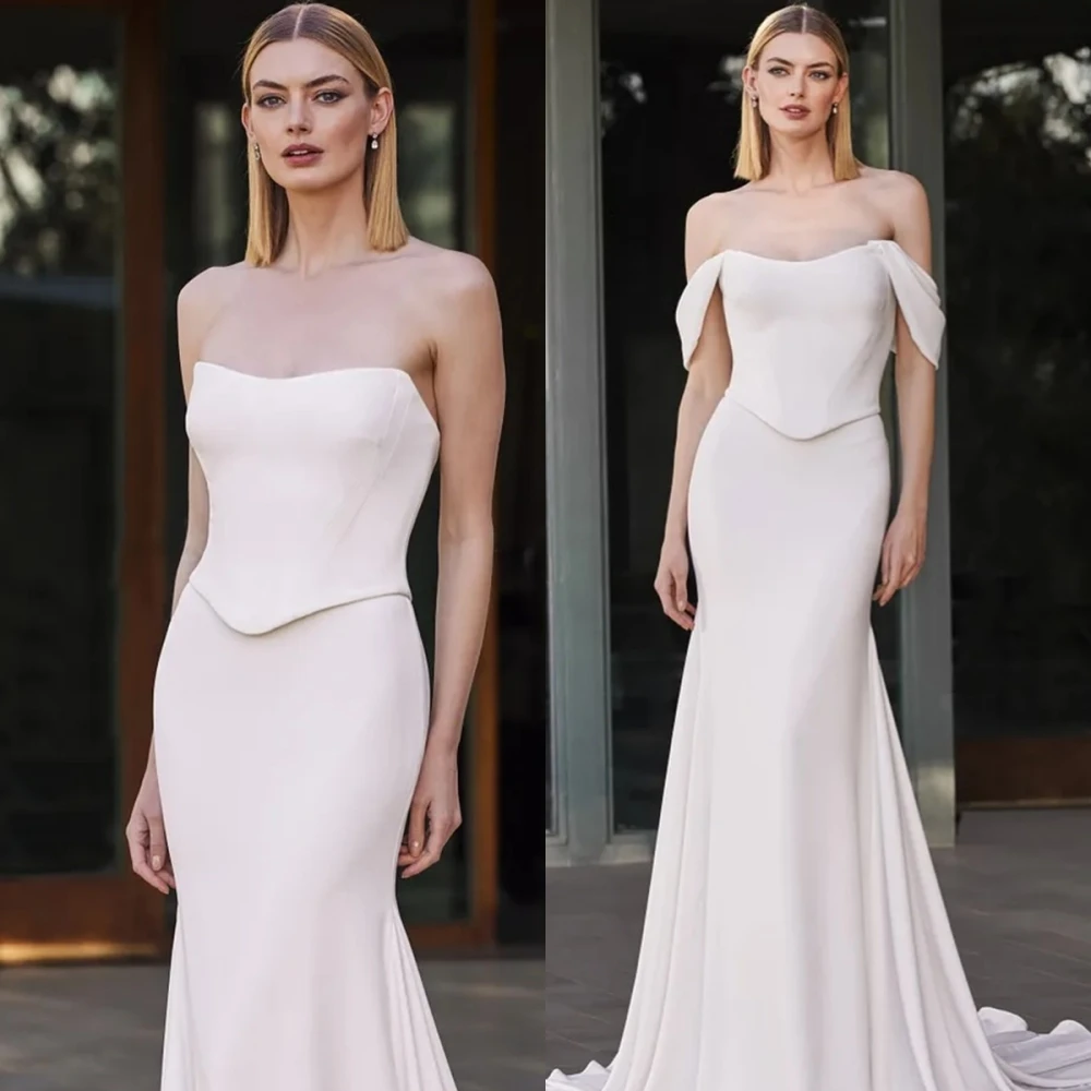 맞춤형 현대 화이트 새틴 웨딩 드레스 기질 Strapless 오프 어깨 짧은 소매 채플 트레인 신부 가운