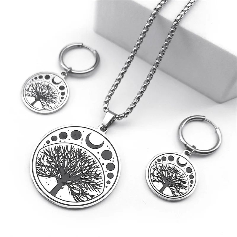 Witchcraft Tree of Life Moon Phase Jewelry Set for Women Men Stainless Steel Statement Wicca Hoop Earring Necklace Bracelet