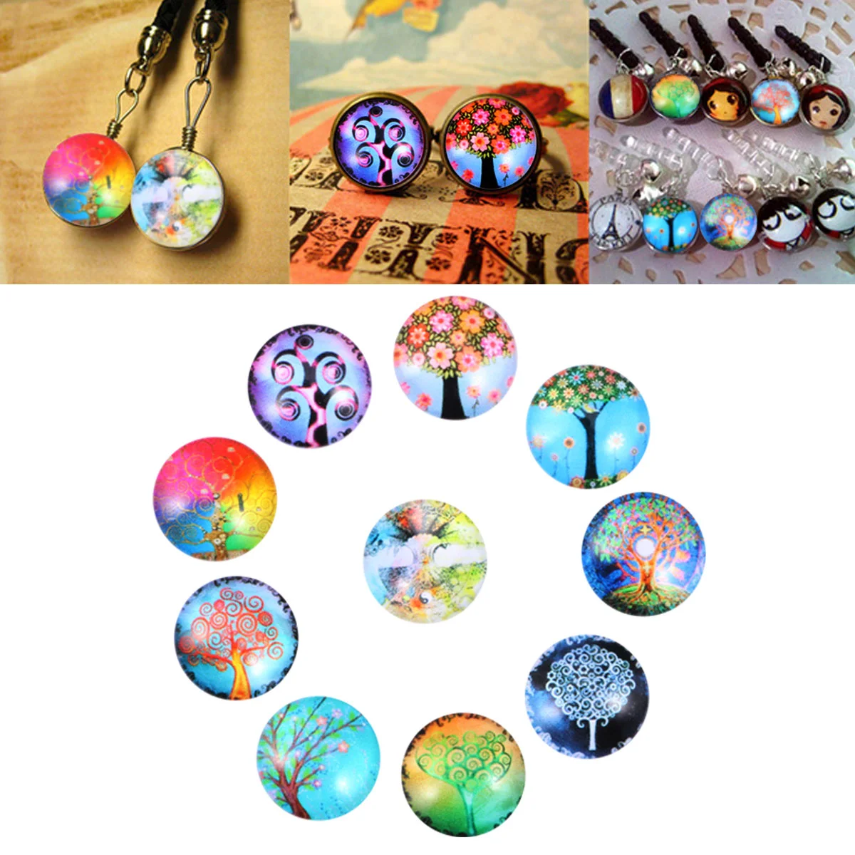 

10pcs 12mm Color Life Tree Glass Cabochons Snap Button Jewelry Charms DIY Ginger Bracelets Accessories