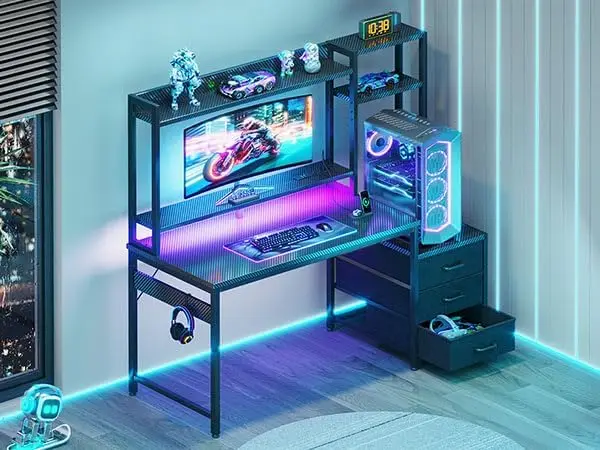 48 Inch Gaming Desk with Hutch & 3 Fabric Drawers, Computer Desk with USB Ports & LED Lights, Reversible Pc Gamer Table