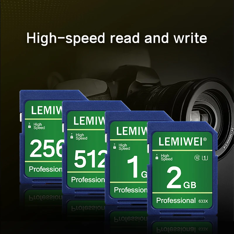 Lemiwei-Cartão SD de Alta Velocidade para Câmera, Cartão de Memória Flash, Cartão SD Original, 256MB, 512MB, 1GB, 2GB, 633X, SDXC, C10, U3