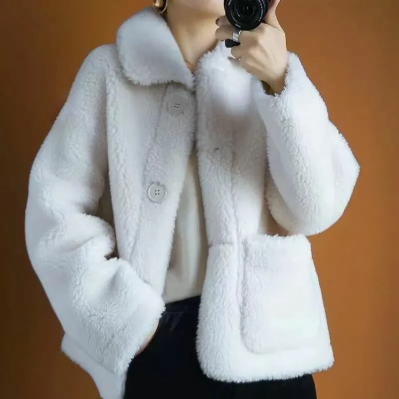 Lamb Wool Jacket Women's Outwear Autumn Winter New Sheep Scissors Fur One-Piece Short Granular Lamb Fleece Coat Loose Warm Jacke