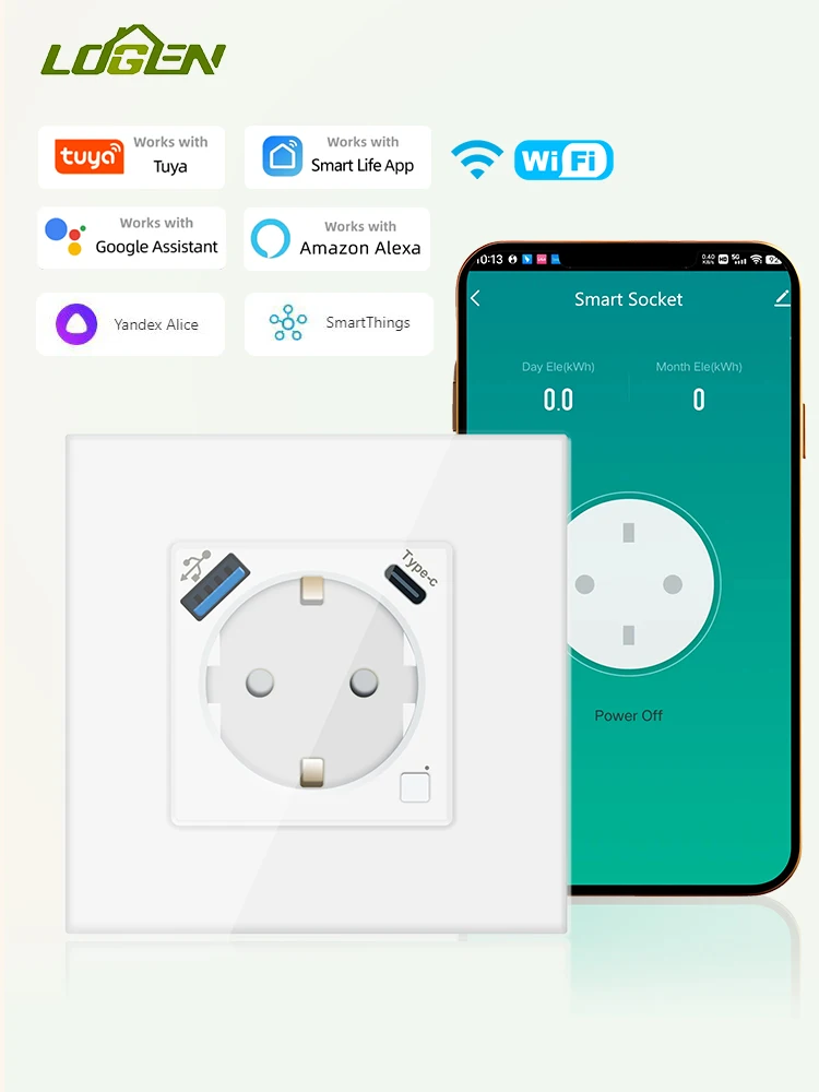 Logen 와이파이 스마트 소켓 C타입 USB 고속 충전 에너지 모니터링 타이밍 기능 EU 소켓, 투야 앨리스 알렉사 220V 호환