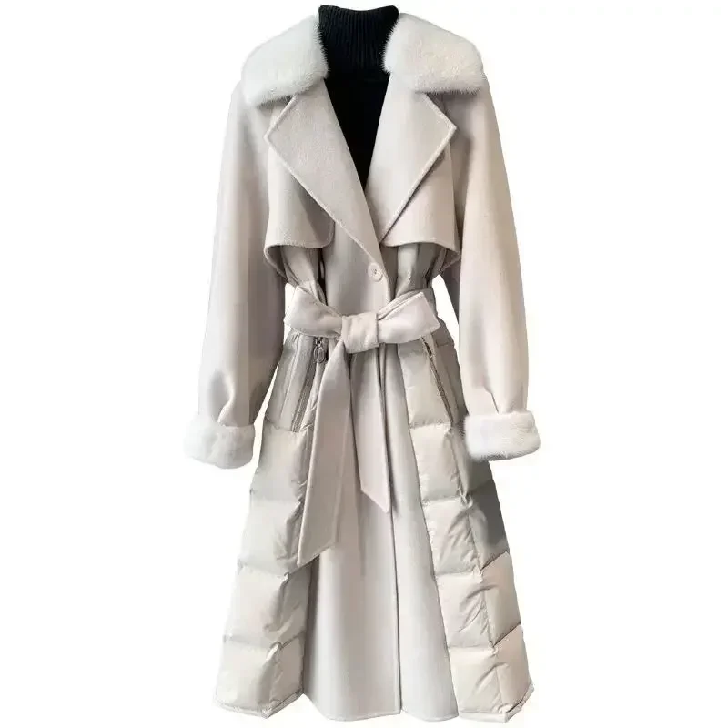 2025 Winter New Women's Down Jacket 90 White Duck Down V-neck Slim Fit Spliced Woolen Coat