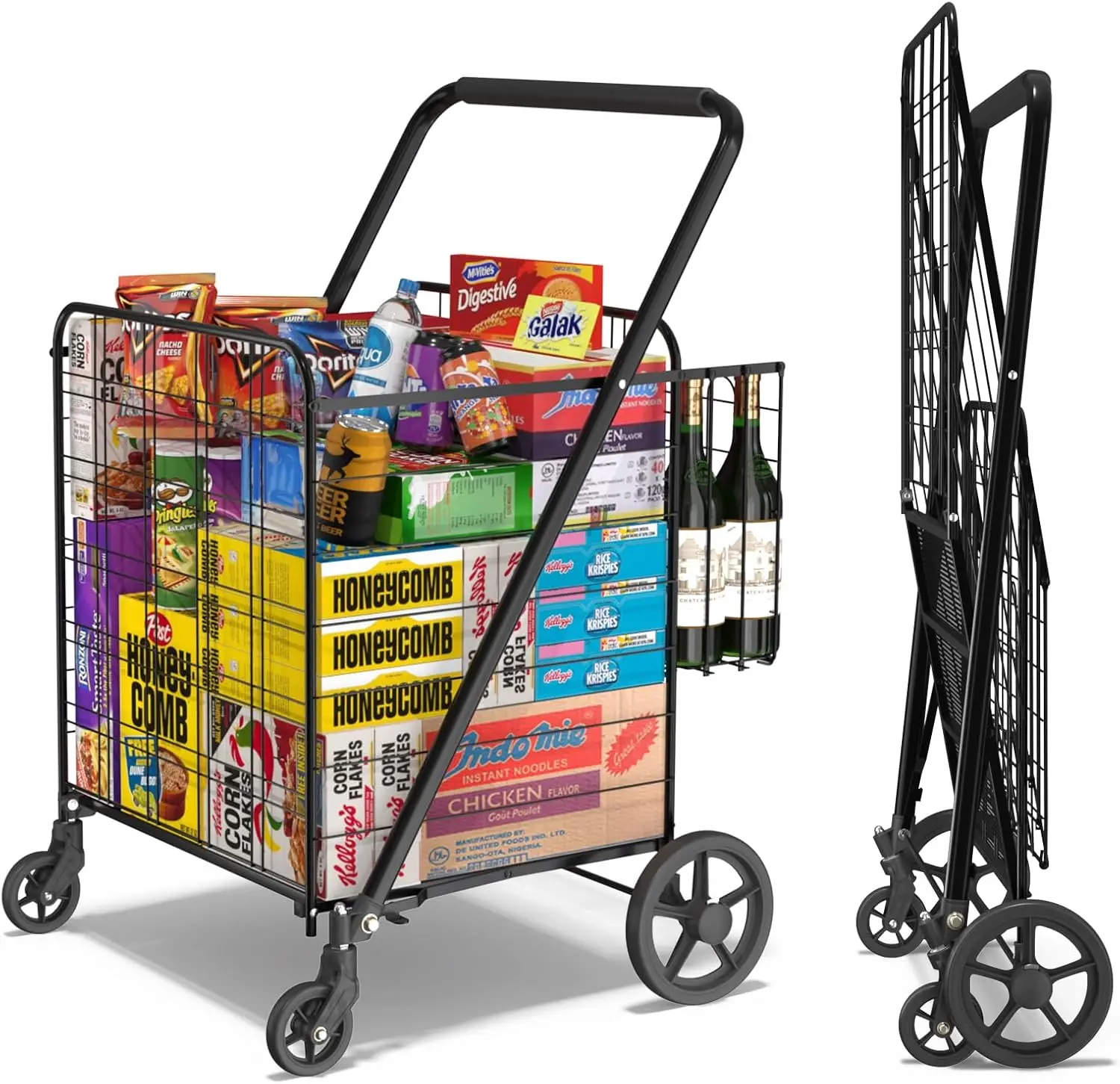 Carrito de compras plegable para comestibles, carrito de comestibles de gran capacidad, 360 °   Ruedas giratorias enrollables