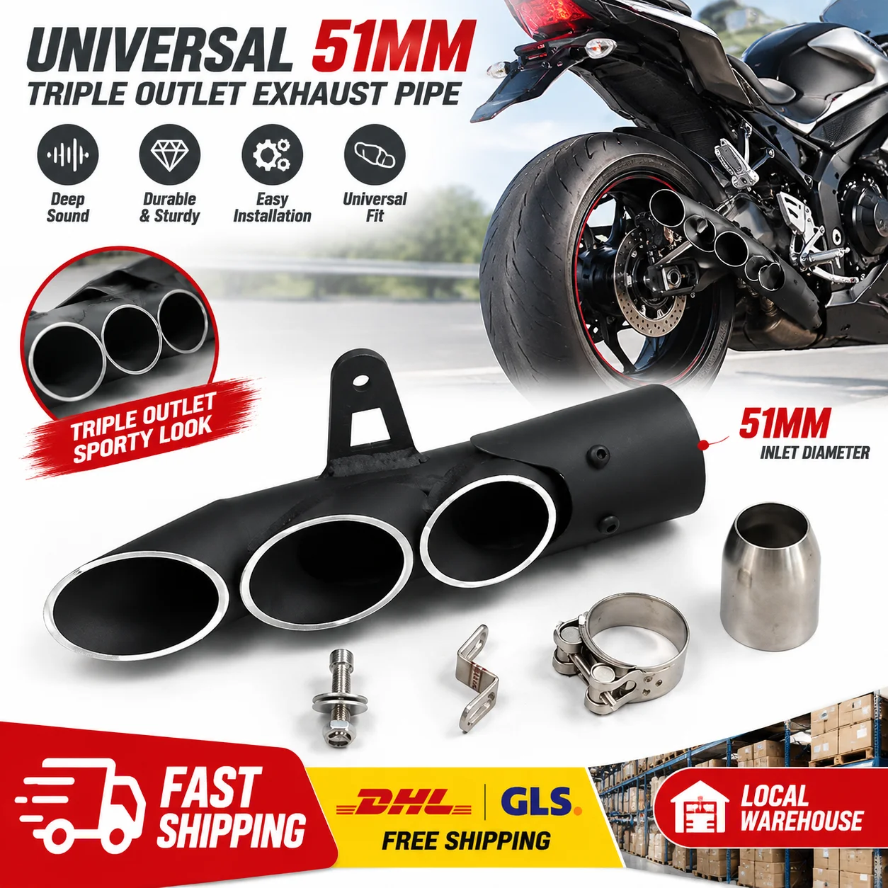 Image of 51mm Universal Motorrad Doppelauslass Auspuffendrohr Schalldämpfer Endrohr für Suzuki GSX-R FZ1 MT09 Z900 ZX6R CBR500r GSXR1000R für Yamaha YZF-R6 R1 R15 Schalldämpfer Endrohr