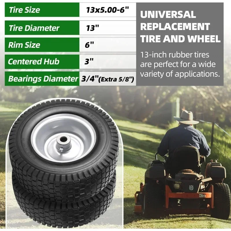 13x5.00-6 Flat Free Tire and Wheel Assemblies - Compatible 13 x 5 x 6 Solid Rubbe Riding Lawn Mower Tires and Wheel - With