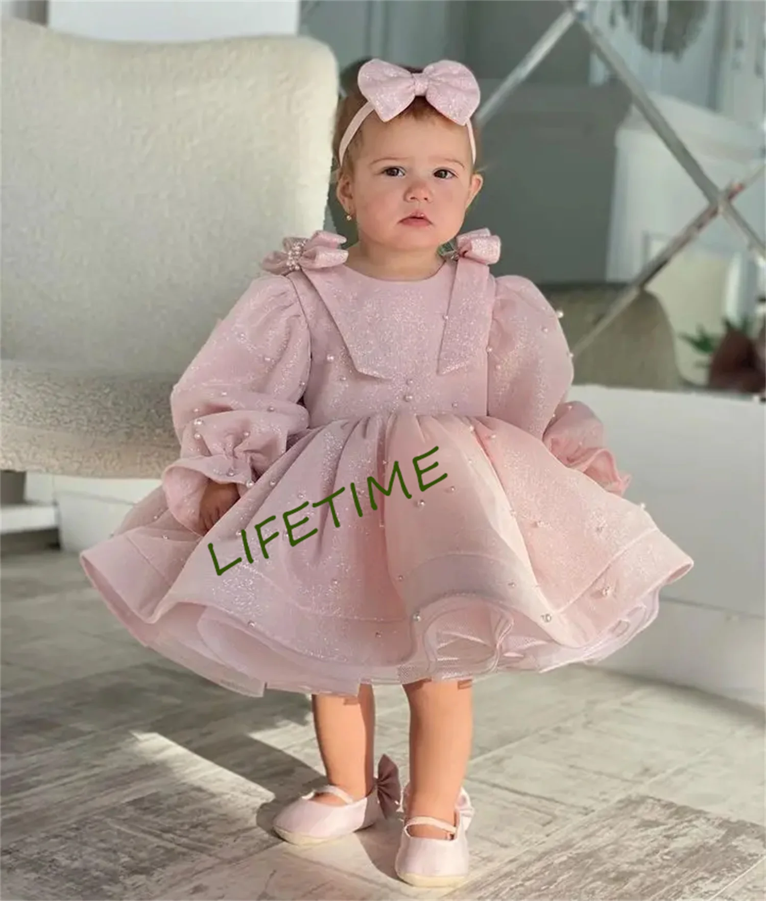 Cute Baby Girl Dress Puffy Flower Girl Dresses High-Low Long Sleeves Bow Princess Dress Frist Communion Dresses Birthday Girl