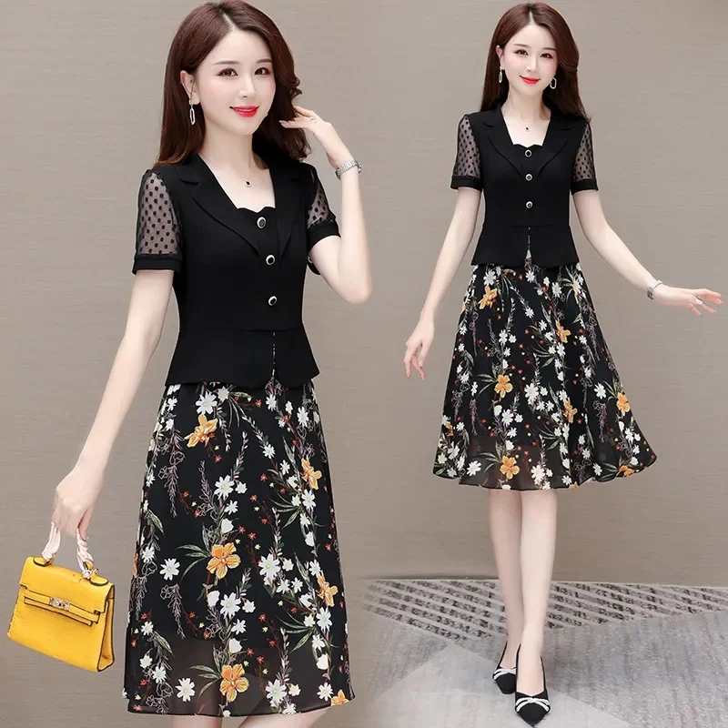 

Fashionable Splice Dress for Women 2023 Simple Summer Age Reducing Light Mature Style Mid length Fake Two Piece Waist Slim Skirt