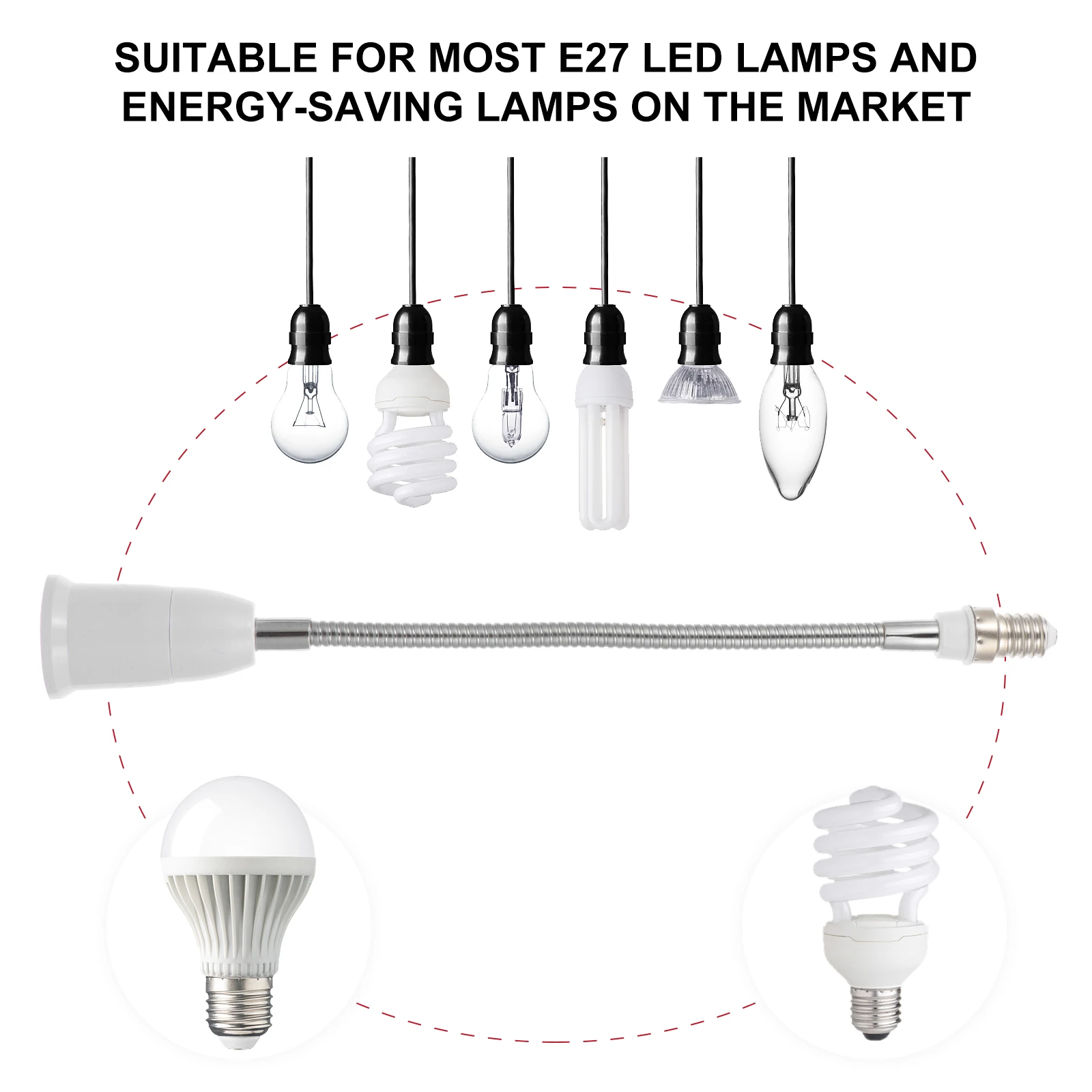 

2Pcs E14 to E27 Bendable Lamp Holder Extension Socket Extender Adaptor Flexible Neck Connector for Even Light Distribution