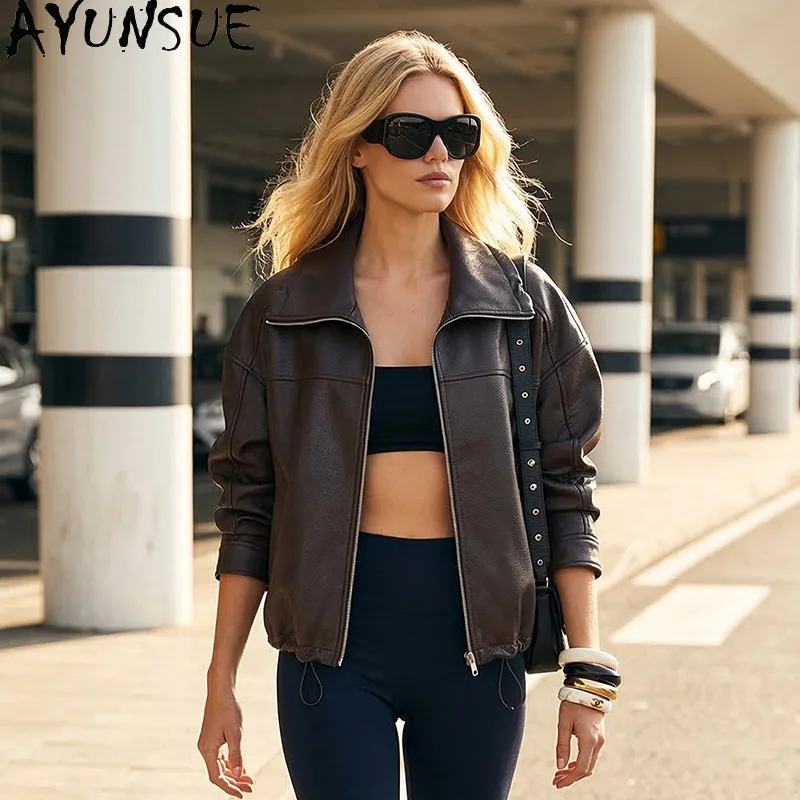 AYUNSUE Real Leather Jackets for Woman Loose Casual Long Sleeve Tops Spring Autumn Goatskin Jacket Woman Clothes Casaco Feminino