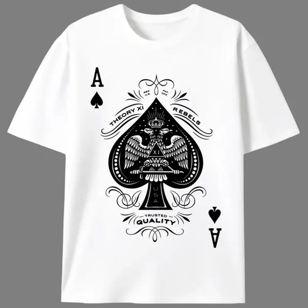 Men's Biker Style Tshirt with Ace of Spades Graphic, Heavyweight Shortsleeve Top with Slight Stretch Fabric, Knit, Menswear, Print, Round Neck, Casual, Cotton, Moderate Stretch, T-Shirt, Knitting