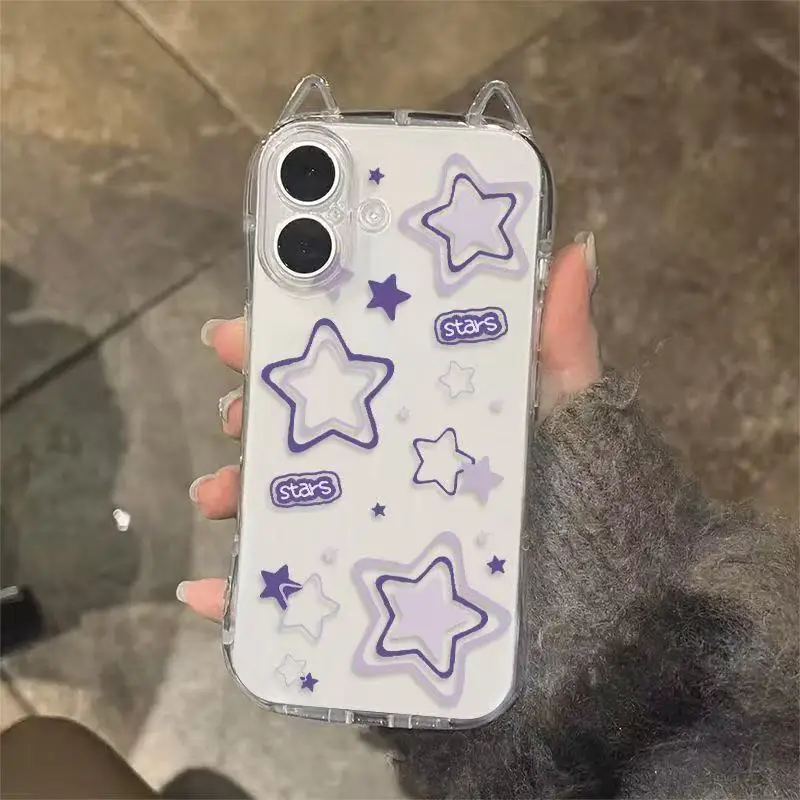 Capa de Celular Fashion Roxa com Estrelas para iPhone 17 Air 17 Pro Max 16 15 14 13 12 11 Pro Max XSMax XS XR X 7 8 Plus, Capa Macia com Orelhas de Gato