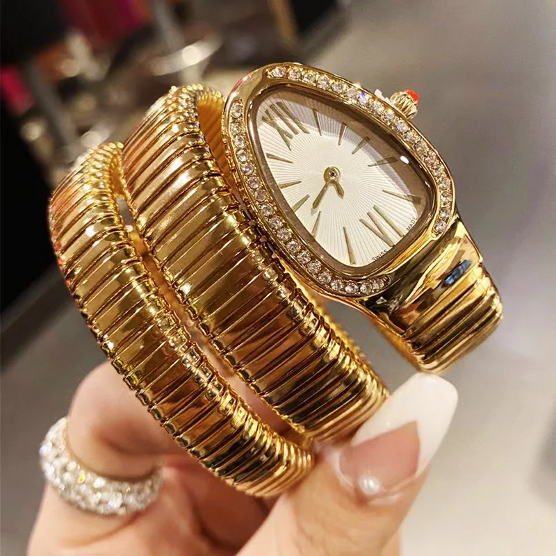 

2024 New creative serpentine two-loop steel strap watch ladies personality full of diamond English