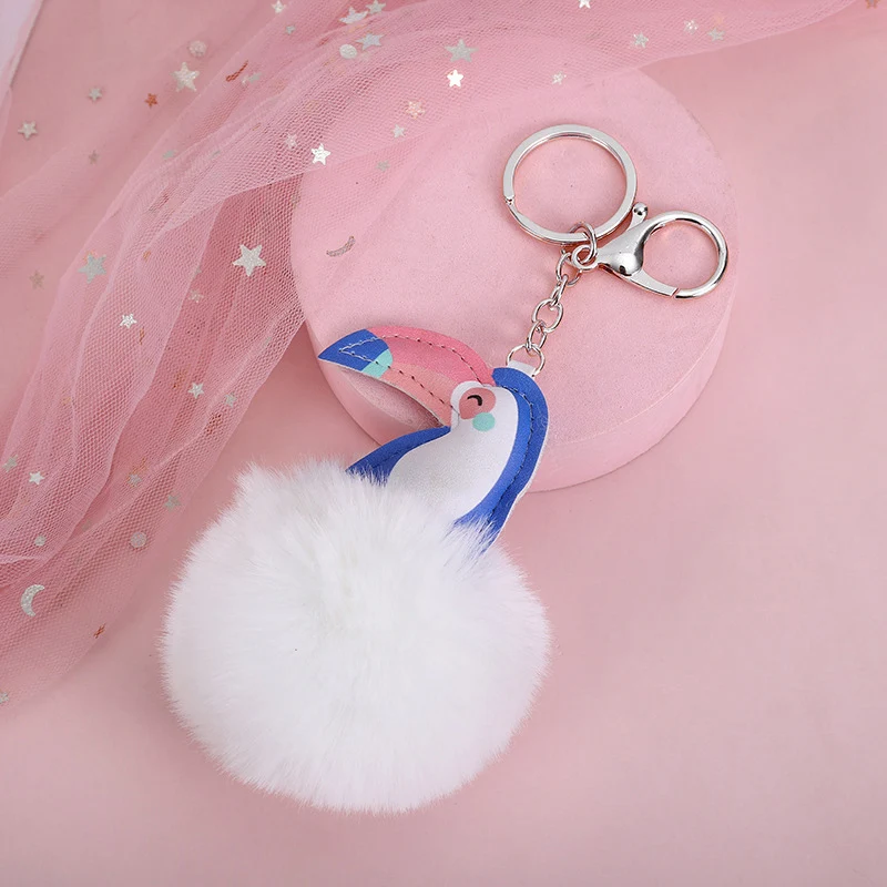 Fluffy Rabbit Fur Ball Pompom Toucans Keychain For Women Plush Leather Bird On Bag Car Trinket Wedding Party Girl