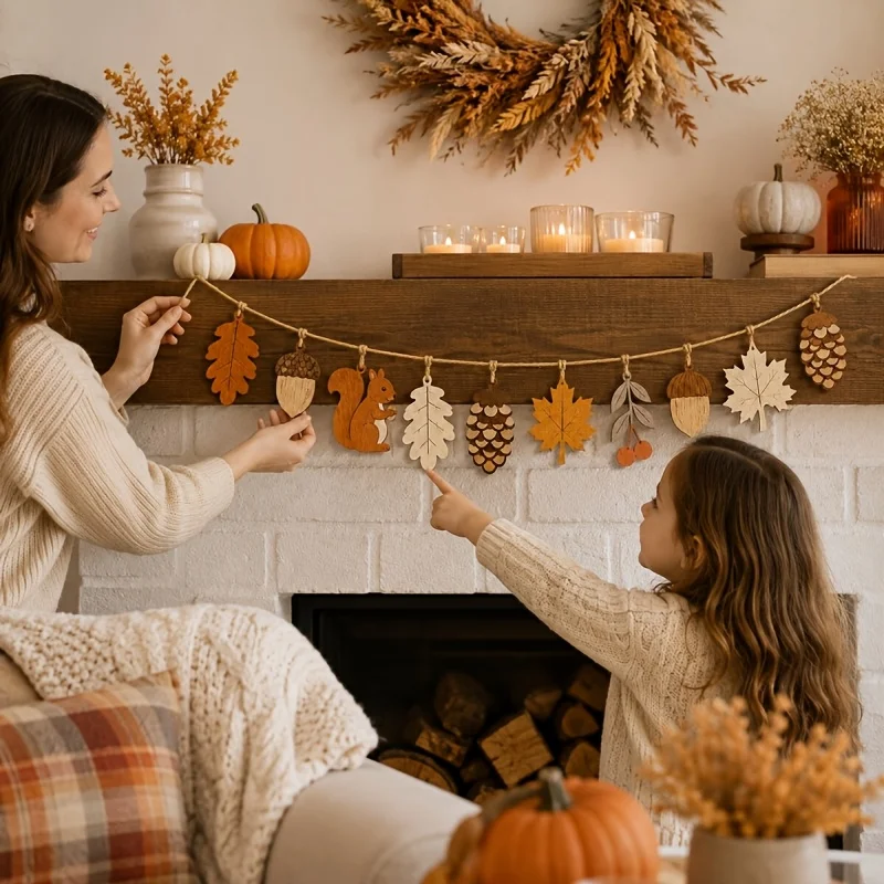 Guirnalda de Madera de Otoño con Ardillas, Hojas de Arce, Bellotas y Piñas, Decoración Colgante para el Hogar, Chimenea y Pared para la Cosecha de Otoño y el Día de Acción de Gracias