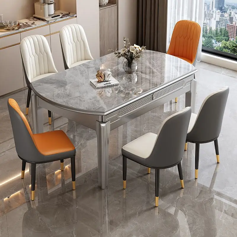 DSA rock slab dining table and chairs simple square circle telescopic folding solid wood light luxury small apartment household