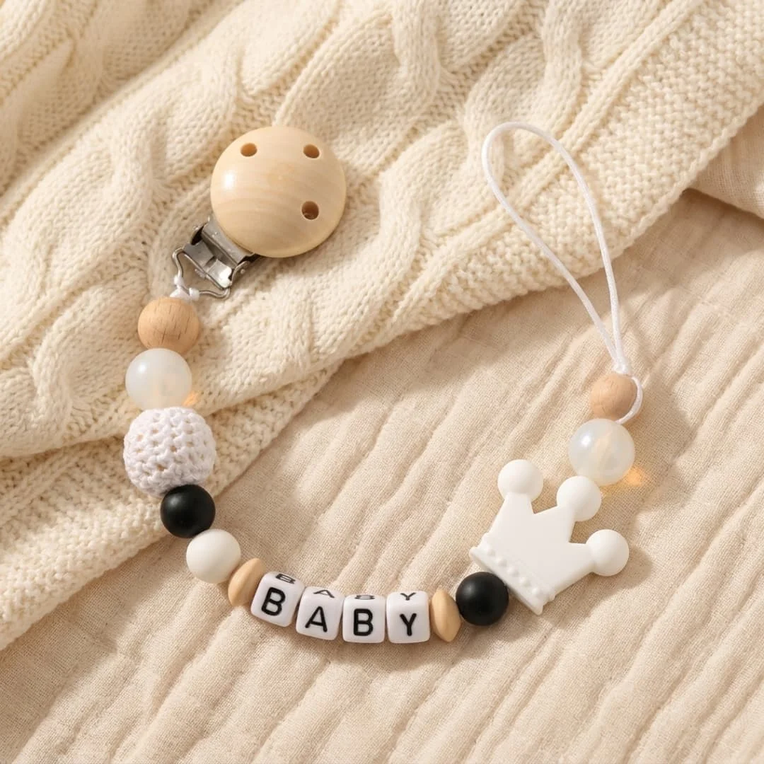 Personalized Name Pacifier Clip Chain Silicone Crown Teether Beads Dummy Soother Holder Anti‑lost Nipple Strap Newborn Gift