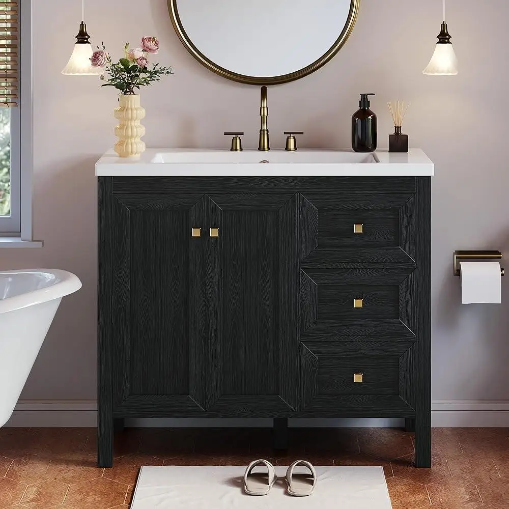 Vintage Bathroom Vanity Cabinet with Resin Sink Large Storage Soft Close Doors and Drawers Easy Assembly Durable Design