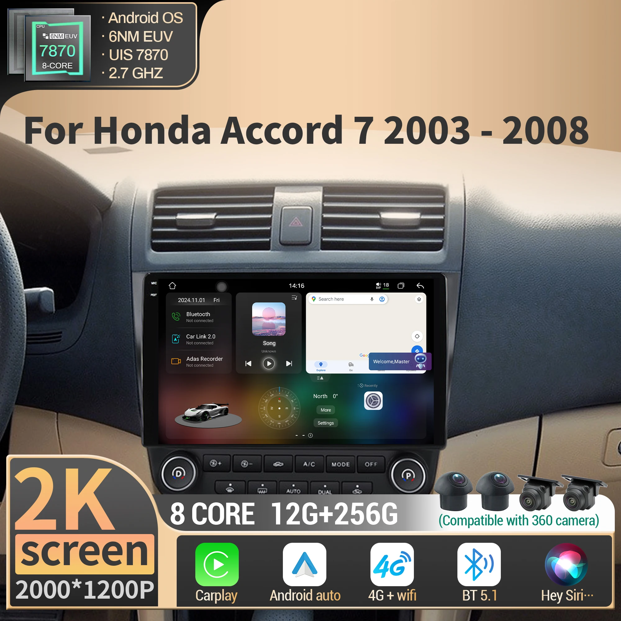 

Android 14 For Honda Accord 7 2003-2008 Car Radio Multimedia Navigation Wireless Carplay 4G GPS CPU 7870 8G 256G 2K QLED Screen