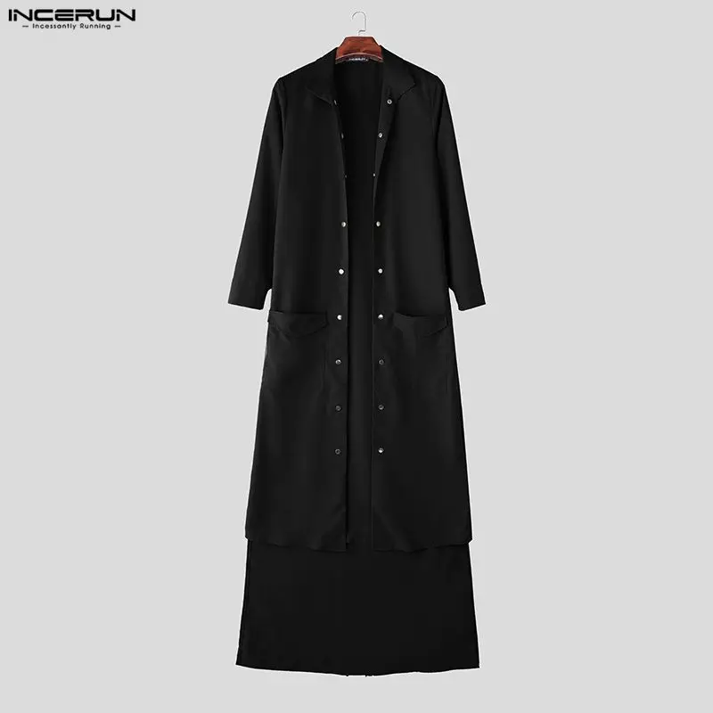 

INCERUN Men Long Style Trench Solid Lapel Long Sleeve Male Irregular Coats Streetwear Open Stitch Fashion Casual Cardigan Men