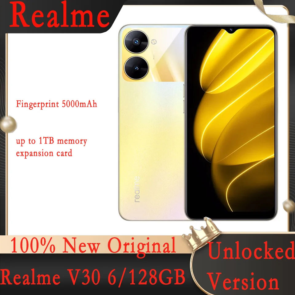 Original Realme V30 UI 3.0 Mobile Phone, 6.5 Inches, Google Play WiFi GPS Fingerprint Smartphone 6GB 128GB 5000mAh Battery