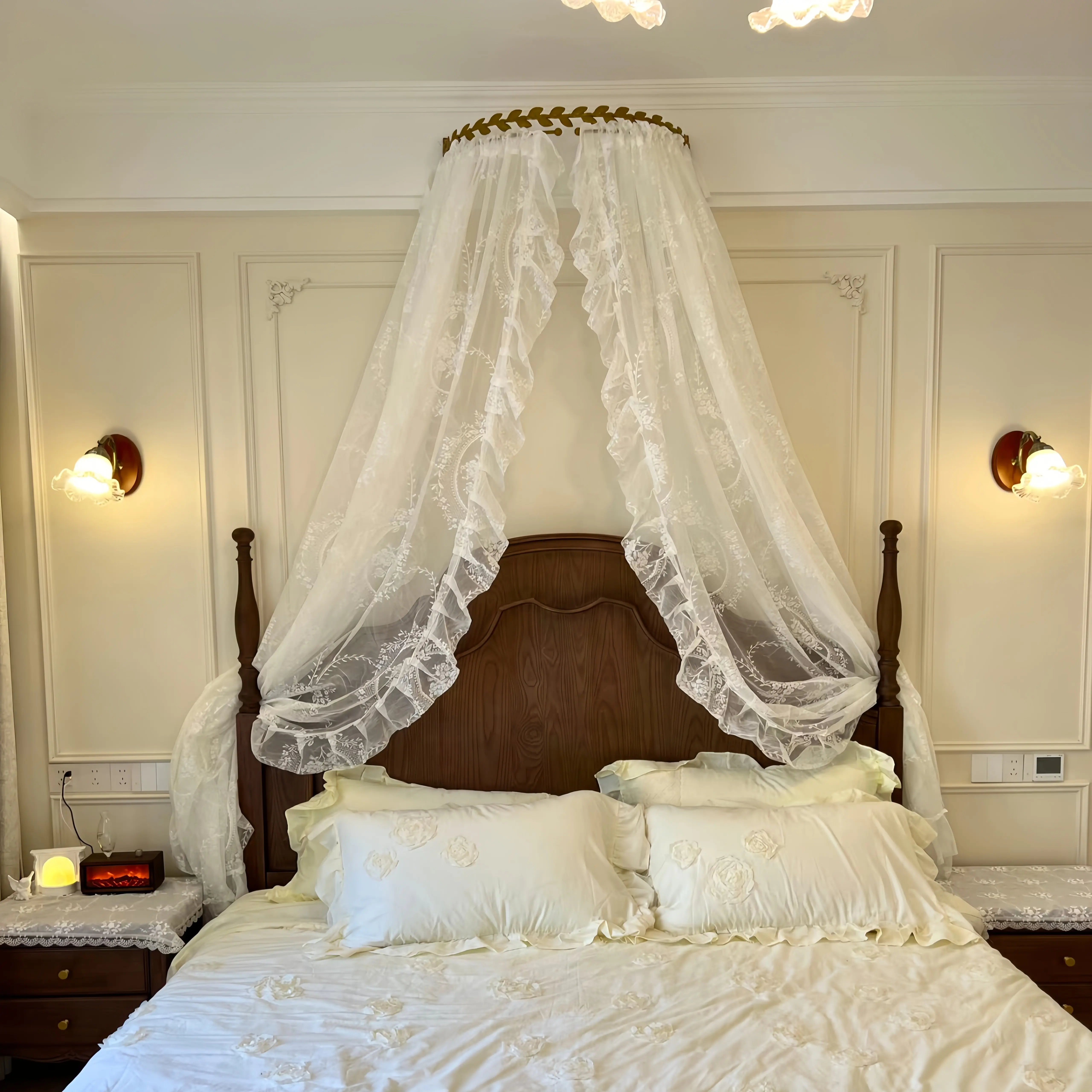 Lace bed mantle princess bed curtain bedside decorative gauze mantle large lace romantic warm European bedroom with crown