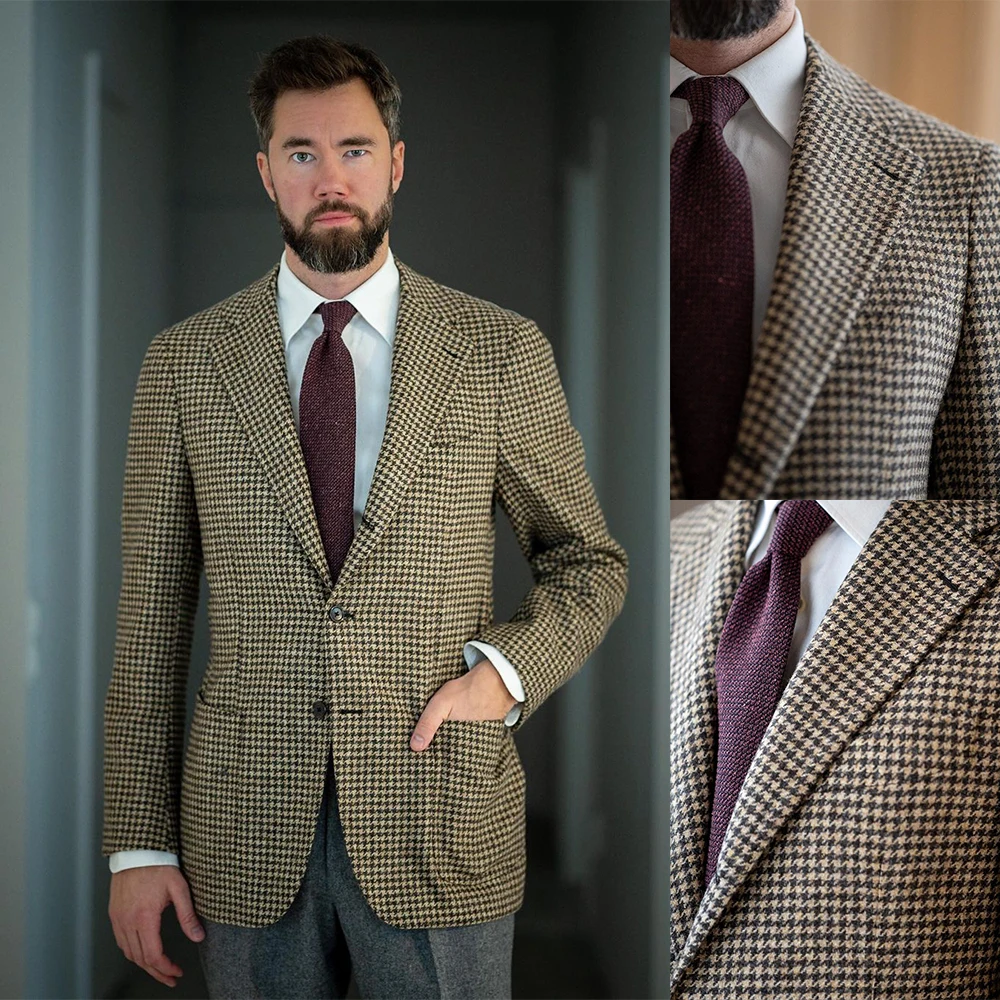 Classic Houndstooth Vintage Men Suits One-piece Coat Slim Fit Tuxedos Party Jacket High Qualit Formal Occasion Costume Made