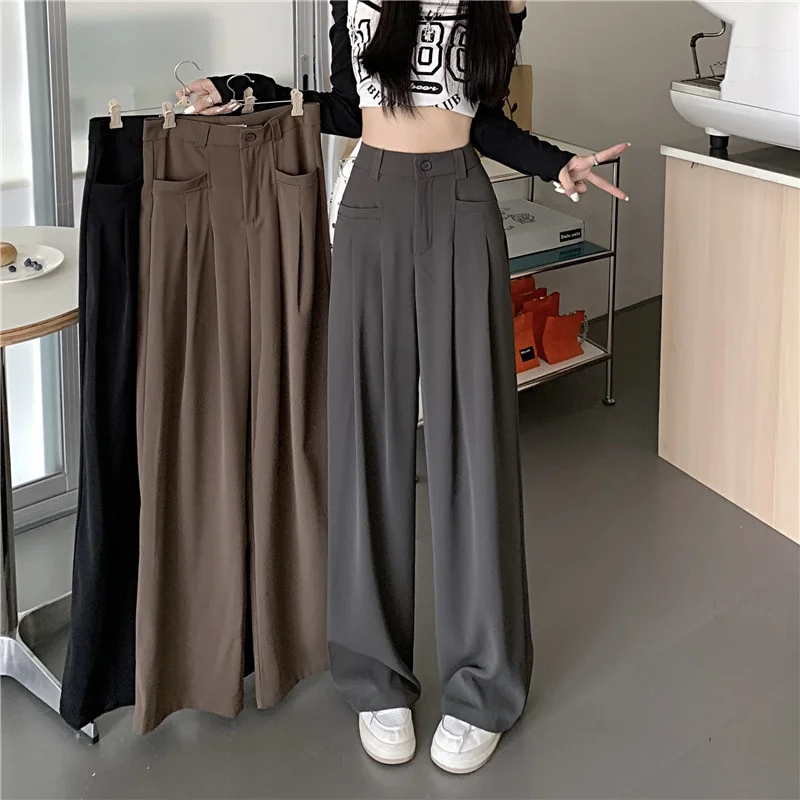 Hohe Taille Breite Bein Hosen Für Frauen Frühling Koreanische Version 2023 Neue Lose Schwarz Vielseitig Gerade Sweep Boden Casual Hosen