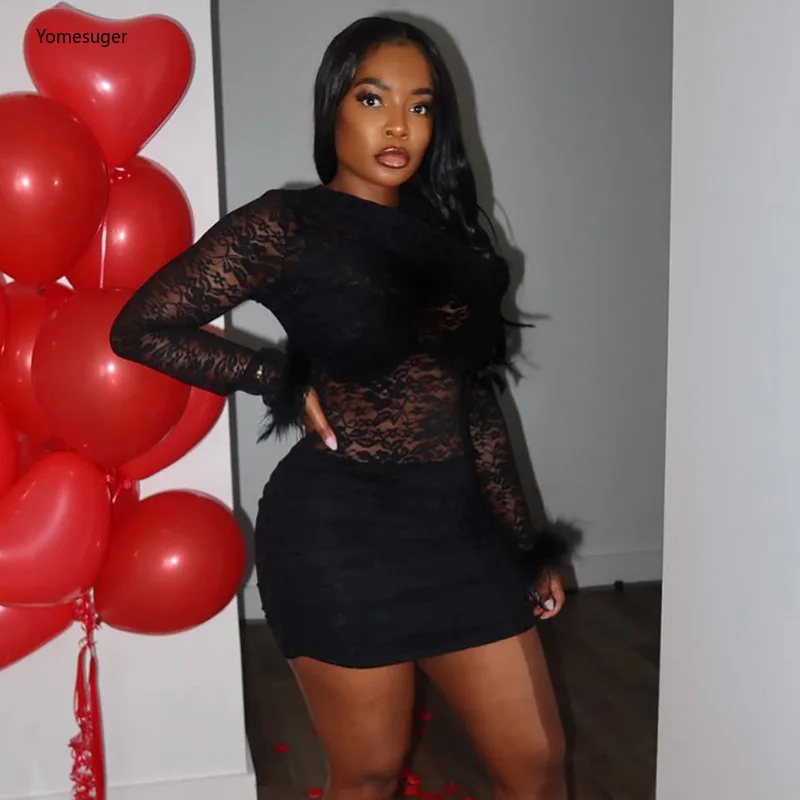 Yomesugar Women's Lace Sheer Bodycon Dress Sexy O-neck Feather Patchwork Long Sleeve Skinny Birthday Dresses Party Clubwear