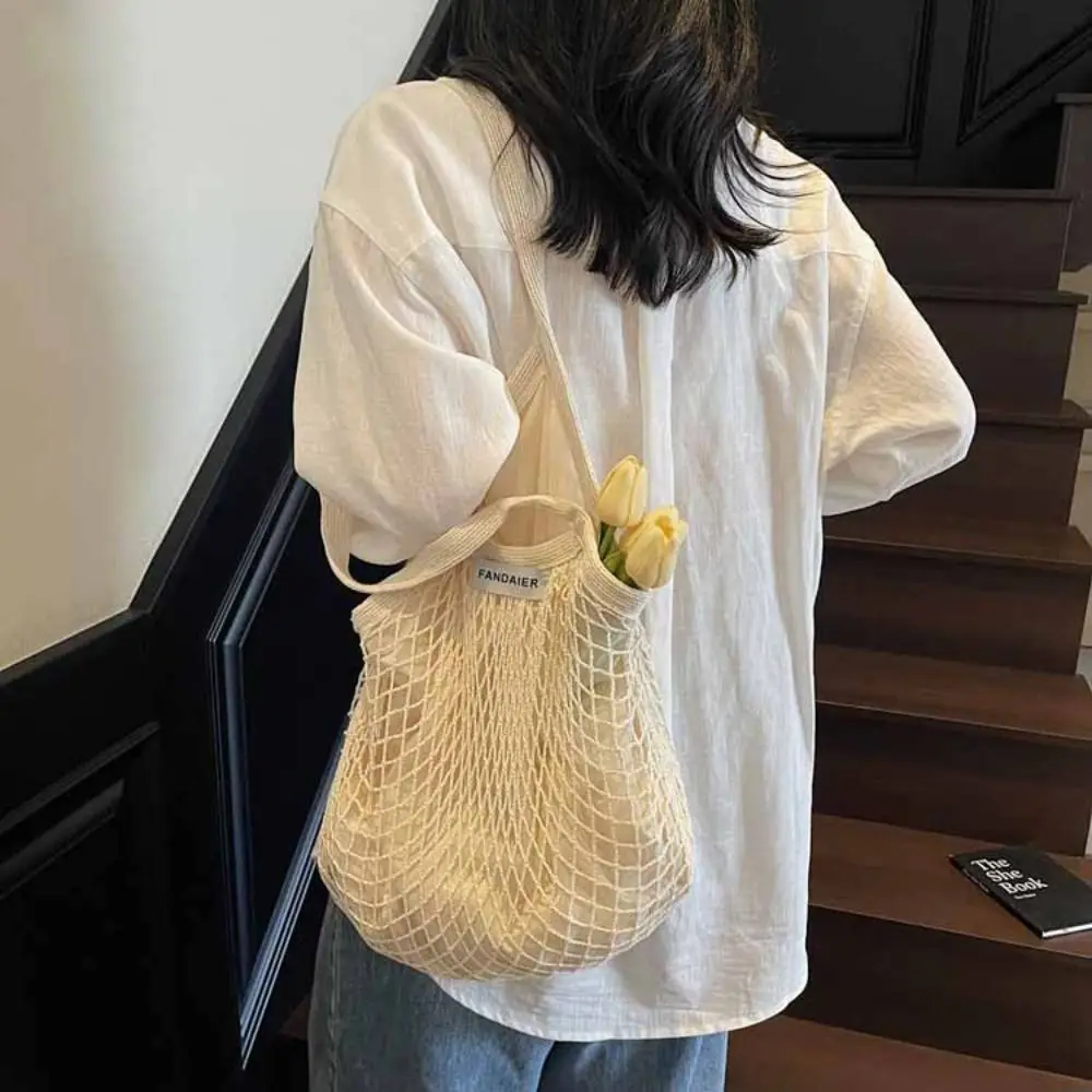 

Polyester Hollow Woven Shoulder Bag Large Capacity Korean Style Mesh Handbags Pockets Edge Covering Summer Beach Tote Bags