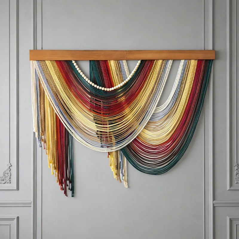 Cotton Rope Tassel Macrame Wall Hanging, Hand Woven Wooden Board Tapestry Soft Neutral Color Art Wall Decor for Bedroom Homestay