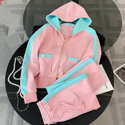 Spring Autumn Sporty Hooded Sweatshirt Coats Pants Two Piece Set for Women Casual Pink Jackets Wide Leg Trousers Outfits Female