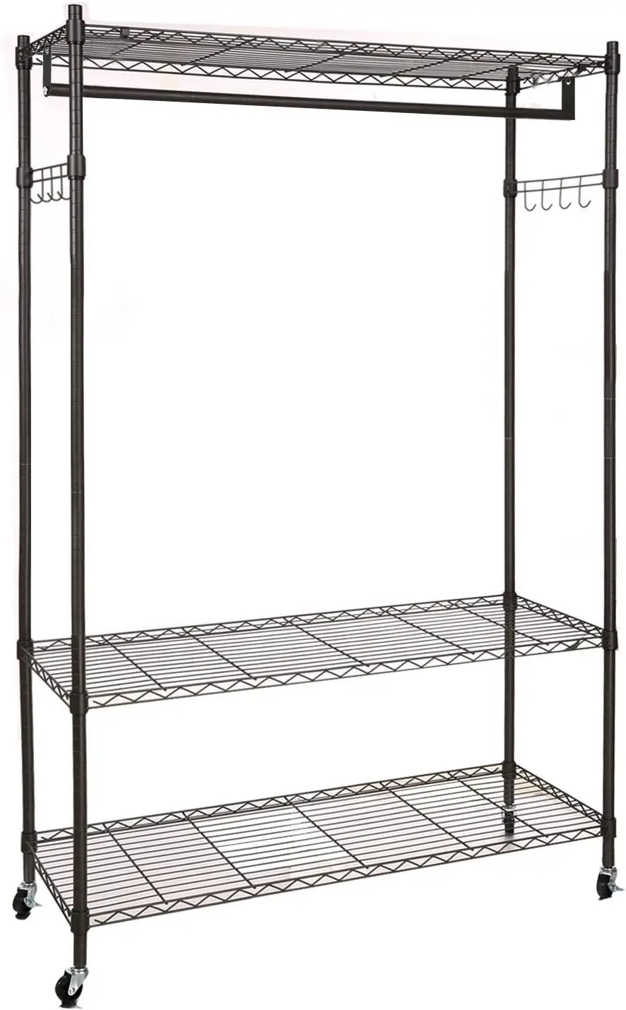 Rod Garment Rack 3 Tier Metal Wire Shelving Hang Large Rolling Movable Clothes Drying Rack with Lockable Wheels and Pair Side Ho