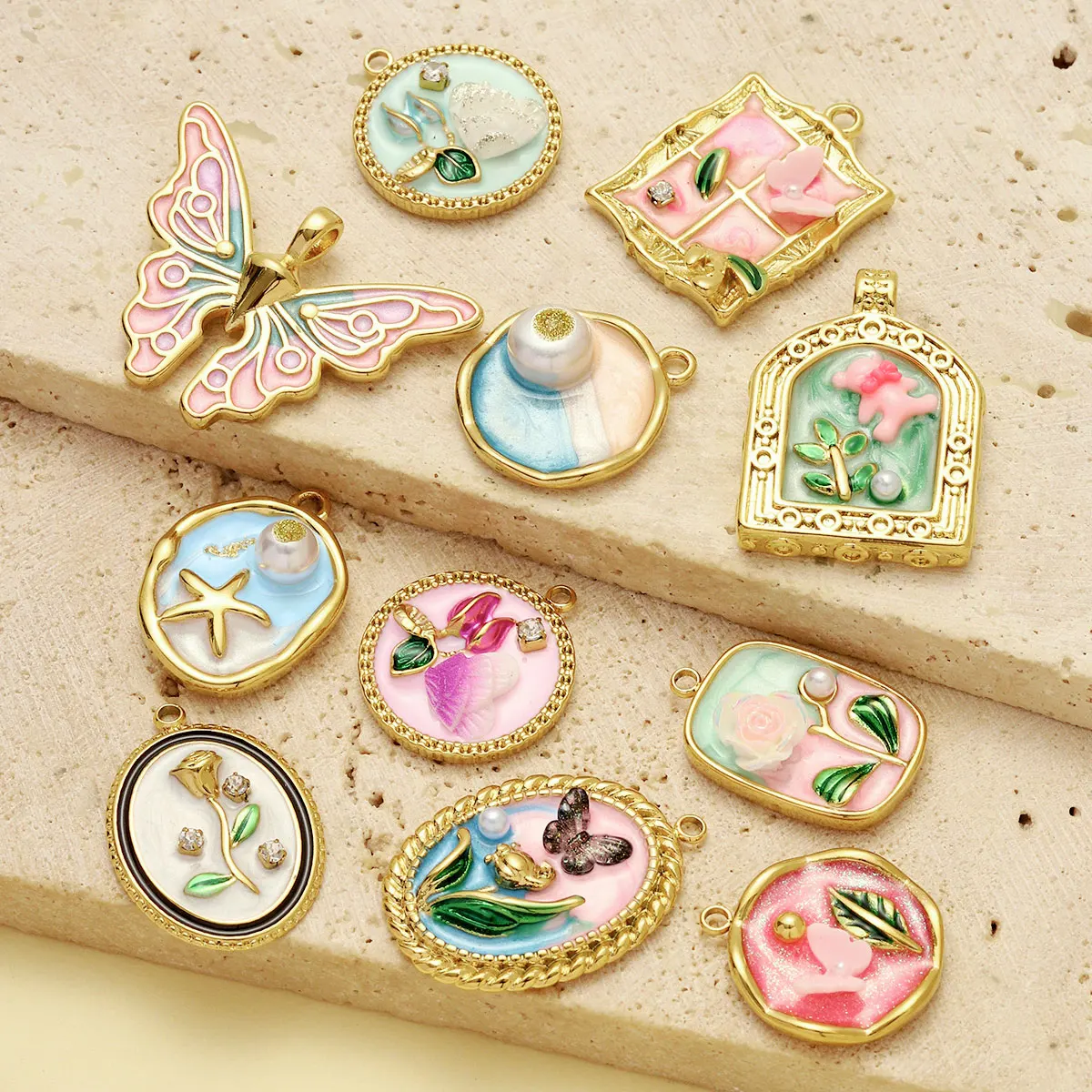 3pcs/Lot Monet Garden Style Stainless Steel Painted Flower Earring Charms Women Enamel Angel Butterfly Necklace Pendants DIY Jew