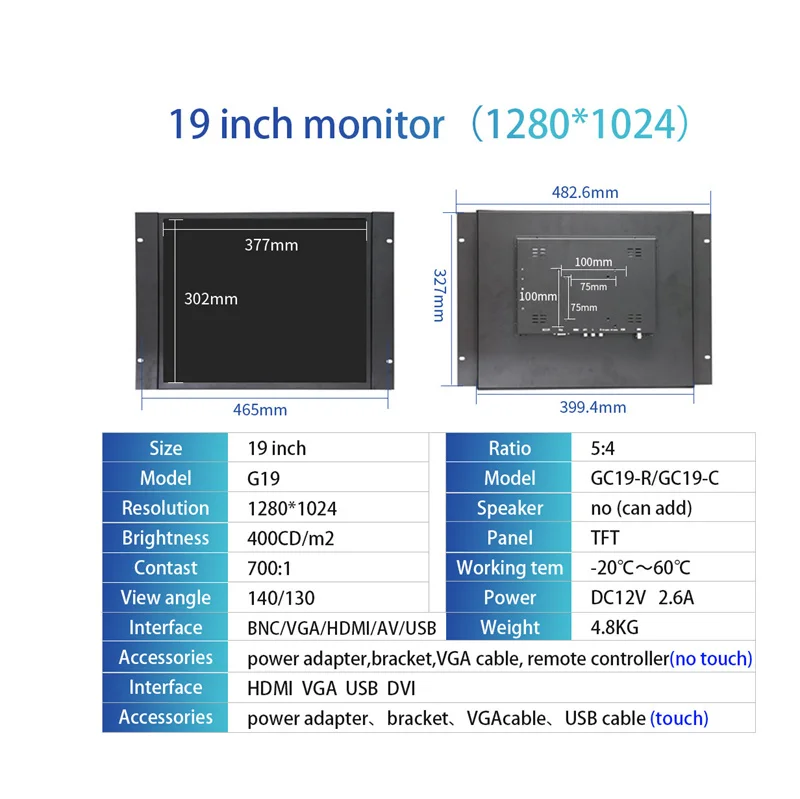 19 Inch 800 Nits Open Frame Touch Screen Monitor Industrial Equipment Use Display 1280*1024 Resolution With BNC VGA HDMI AV USB