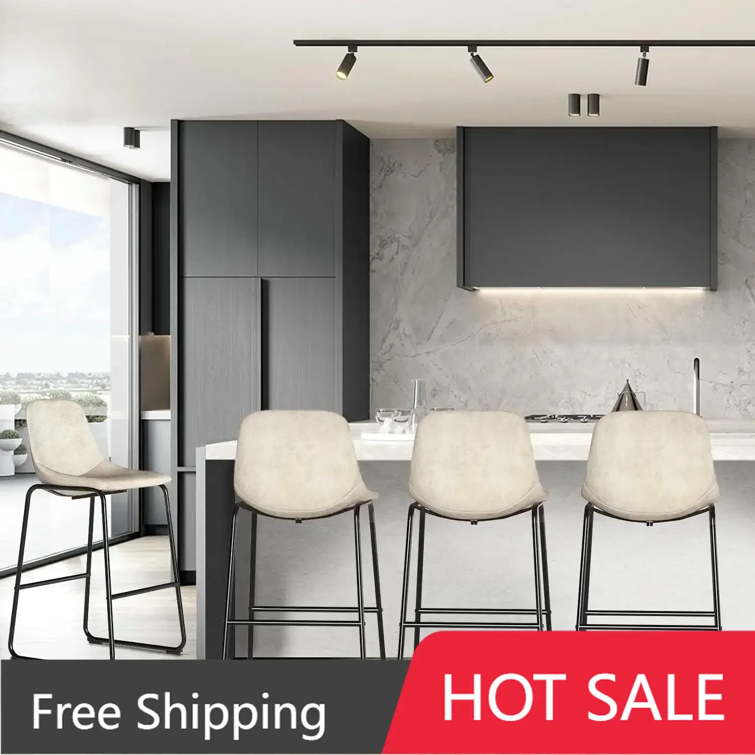 Leathaire Fabric Bar Chairs with Back and Footrest Set of 4 Beige Modern Bar Stool Height for Pub Coffee Home Dinning Kitchen