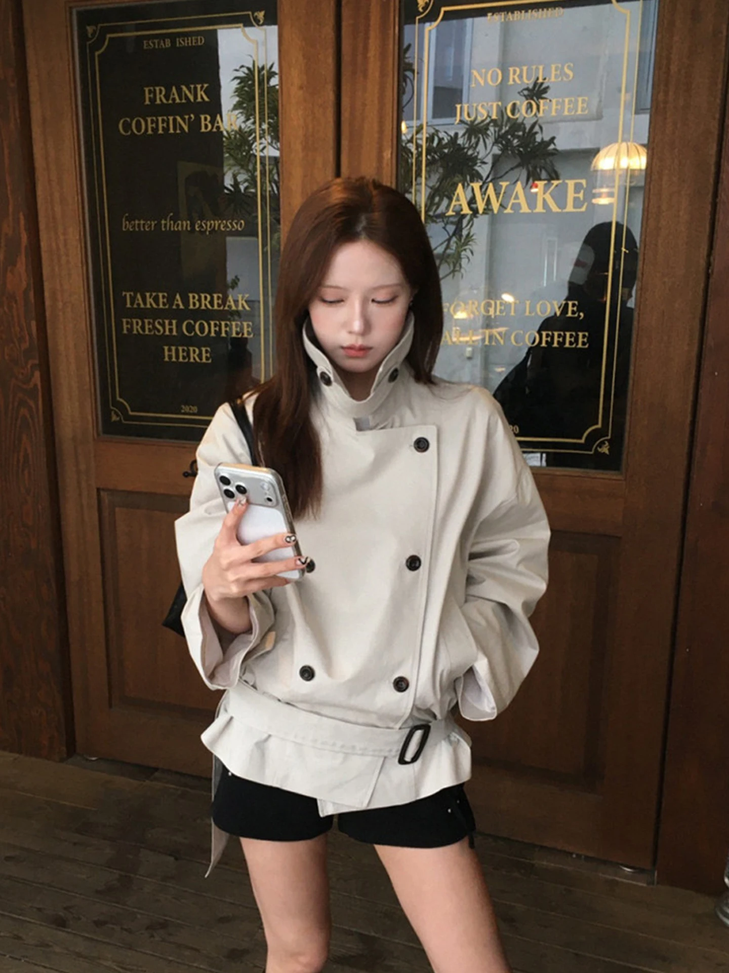 Short Double-Breasted Stand-Collar Waist-Belted Slim Fit Women's Windbreaker Jacket Autumn 2026 Fashion Casual Polyester