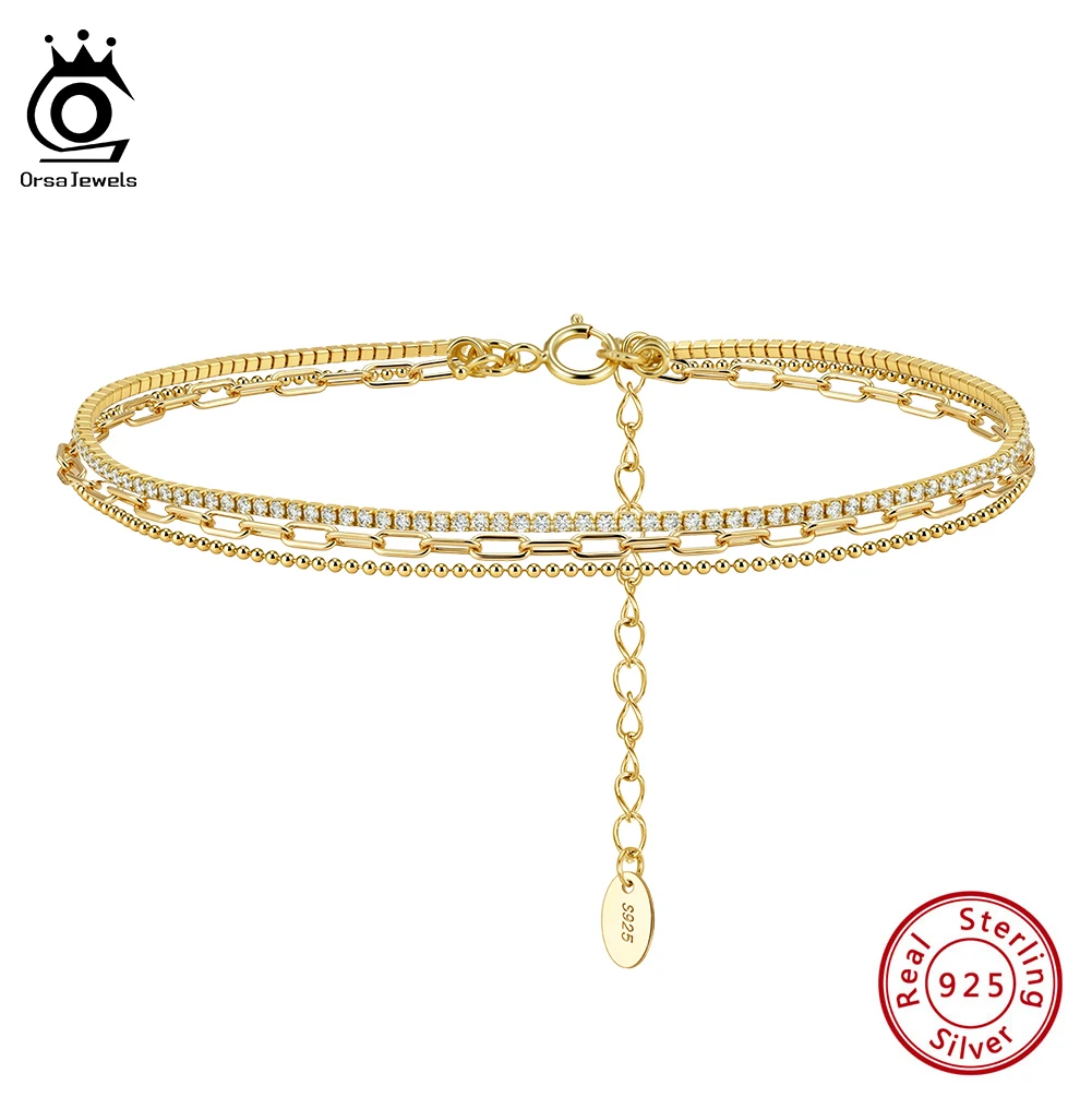 ORSA JEWELS 925 Silver Tennis Layered Anklet Bracelet Beach Adjustable Zircon Beads Paperclip Link Foot Chain Jewelry Gift SA104