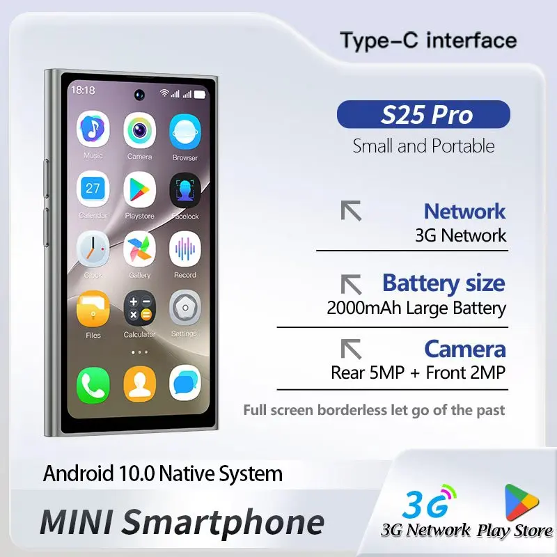 ONEMYTH S25Pro 4.0 بوصة 3G هاتف صغير رمادي 2000 مللي أمبير عمر بطارية طويل أندرويد 10 طالب الأطفال كبار السن احتياطية هاتف رخيص