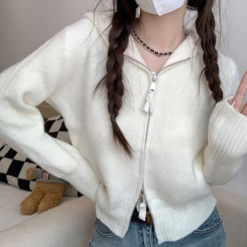 Women Sweater Zipper Positive Shoulder Hooded Knit Cardigan Autumn Short Tops Jacket